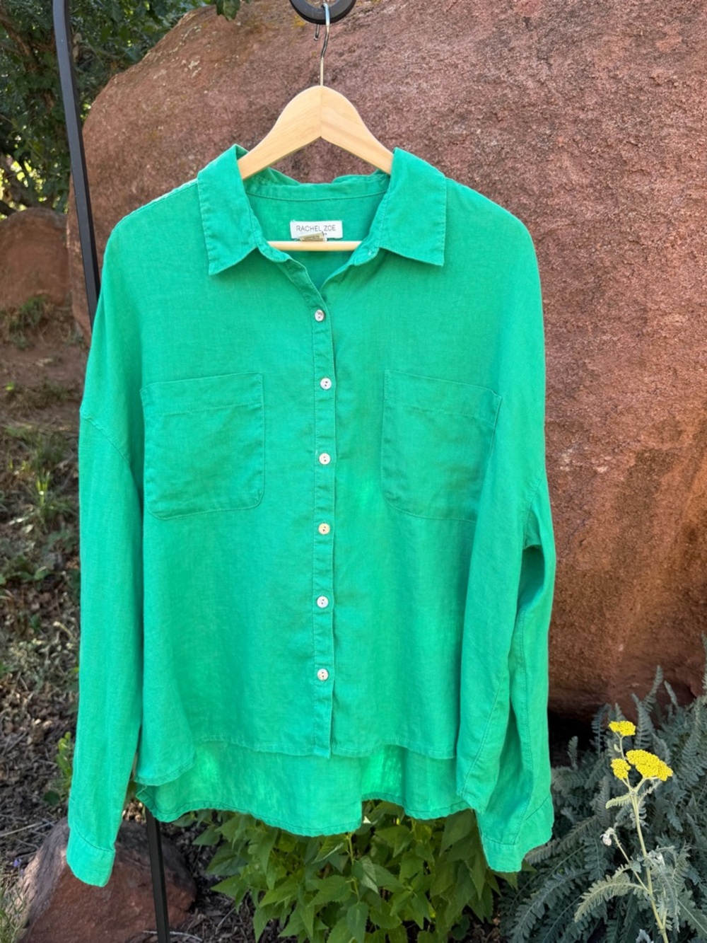 Rachel Zoe Vibrant Green Button-Down Linen Shirt Sz XL